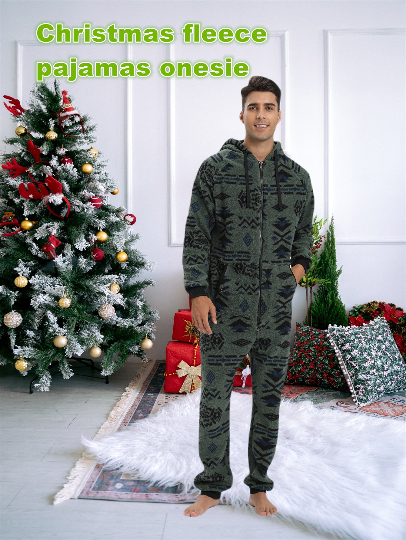 Men'S Heavy-Duty Full-Zip Hooded Onesie - Long Sleeve Winter Sleepwear, Thermal Insulated Lounge suit with Drawstring Hood, Loose Fit Onesie for Cold Weather, Christmas Costume & Everyday Indoor/Outdoor Use - Easy Zipper Clos