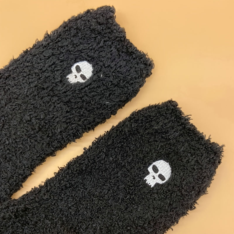 Warm & Fuzzy Embroidered Cartoon Socks, Warm Coral Fleece Socks For Winter, Women's Stocking & Hosiery