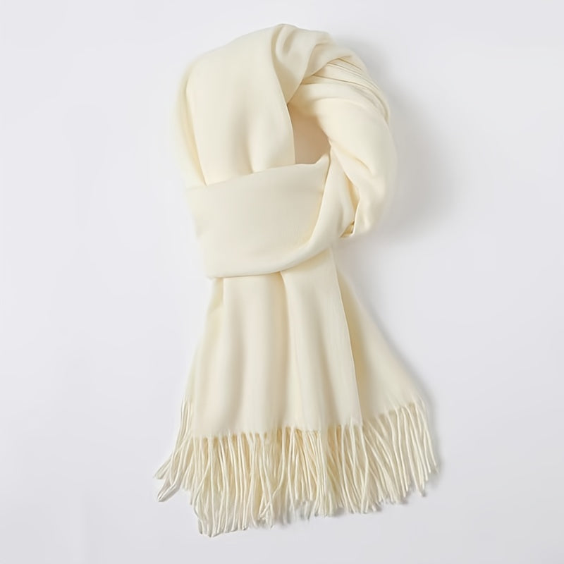 Solid Color Tassel Scarf, Hand Wash Only, Elegant Fringe Shawl for Women, Fashion Accessory