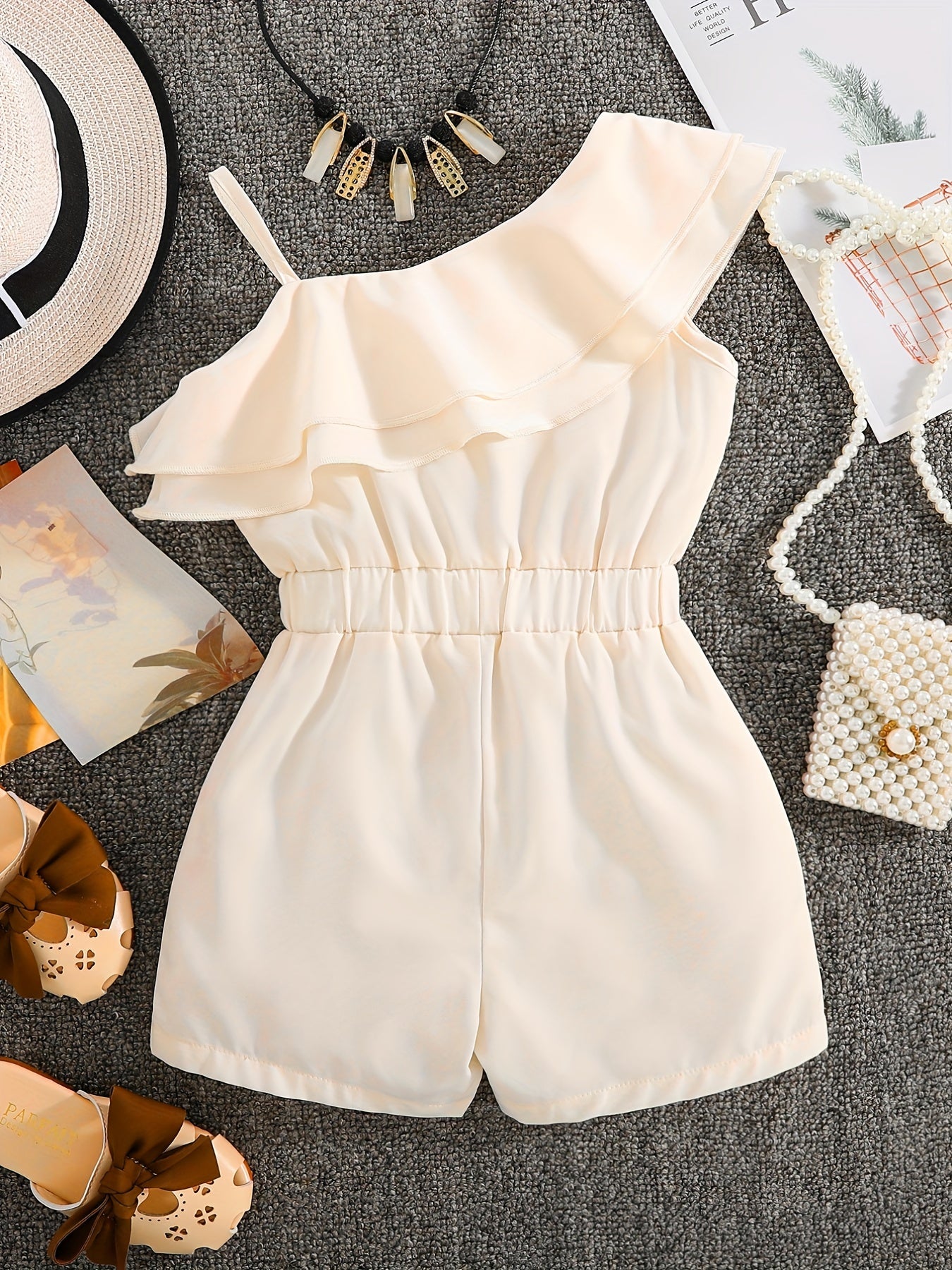 ' White Sleeveless A-Line Romper Jumpsuit - Summer Short Dress with Ruffle Trim &, Casual Playwear & Party Outfit, Easy-Care Hand Washable Short Sleeve Dress &, Perfect for Outdoor