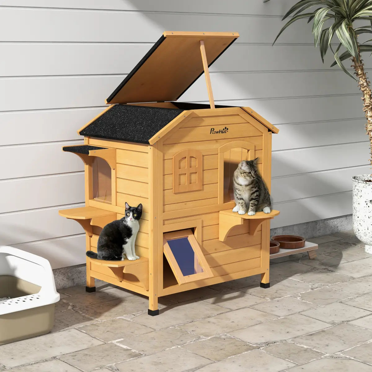 Wooden Cat House Cat Cave Pet Shelter Condos Outdoor Natural Wood Finish