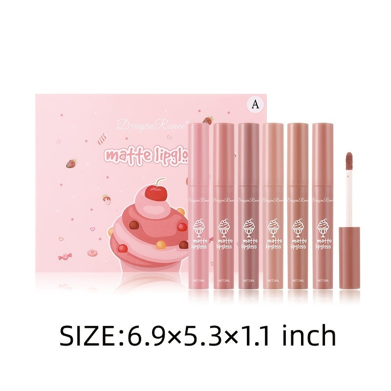 6 Pcs Long Lasting Waterproof Lip Glaze Lipstick 6 Sets Non Stick Cup Nude Skin Color Lip Gloss Cute Set Box
