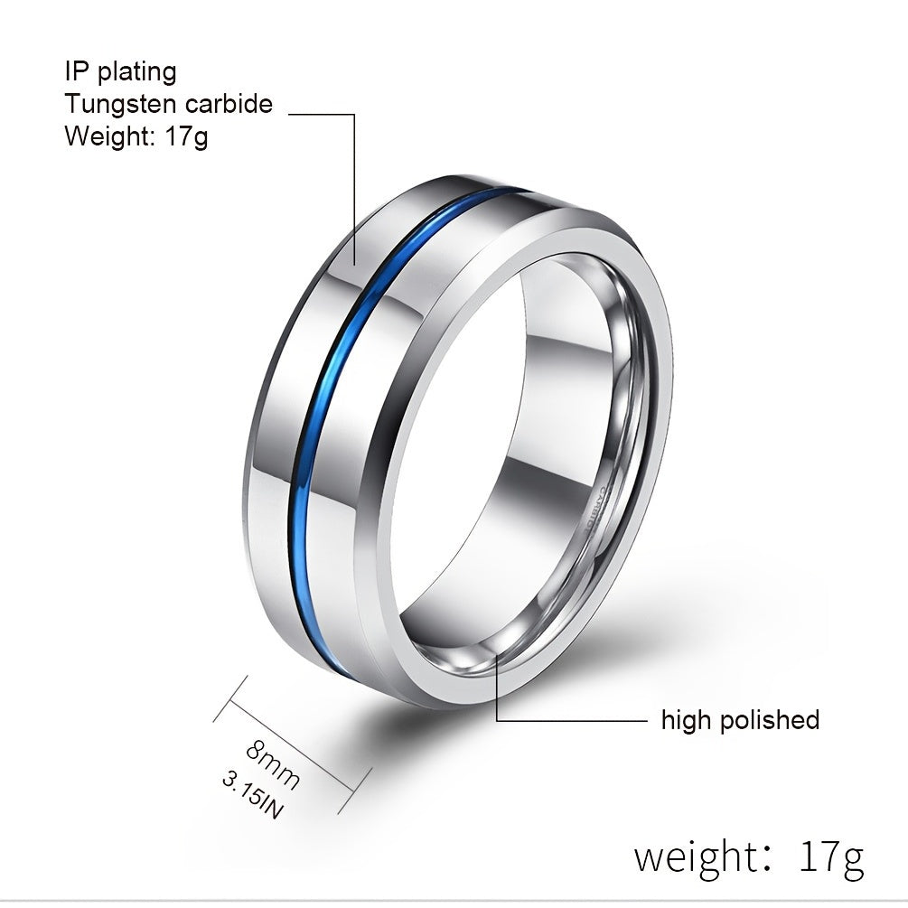 1pc 8mm Blue Tungsten Men's Ring - Heavy-Duty Carbide Ring, Blue, Durable Wedding, Anniversary Gift for Men, Casual Attire, Simple & Stylish Carbide