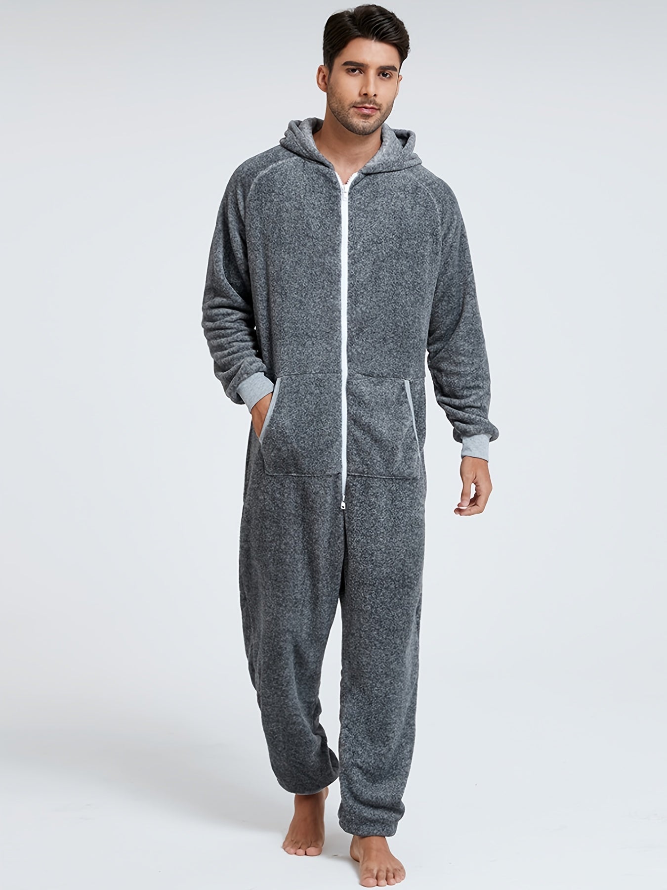 Men'S Heavy-Duty Full-Zip Hooded Onesie - Long Sleeve Winter Sleepwear, Thermal Insulated Lounge suit with Drawstring Hood, Loose Fit Onesie for Cold Weather, Christmas Costume & Everyday Indoor/Outdoor Use - Easy Zipper Clos