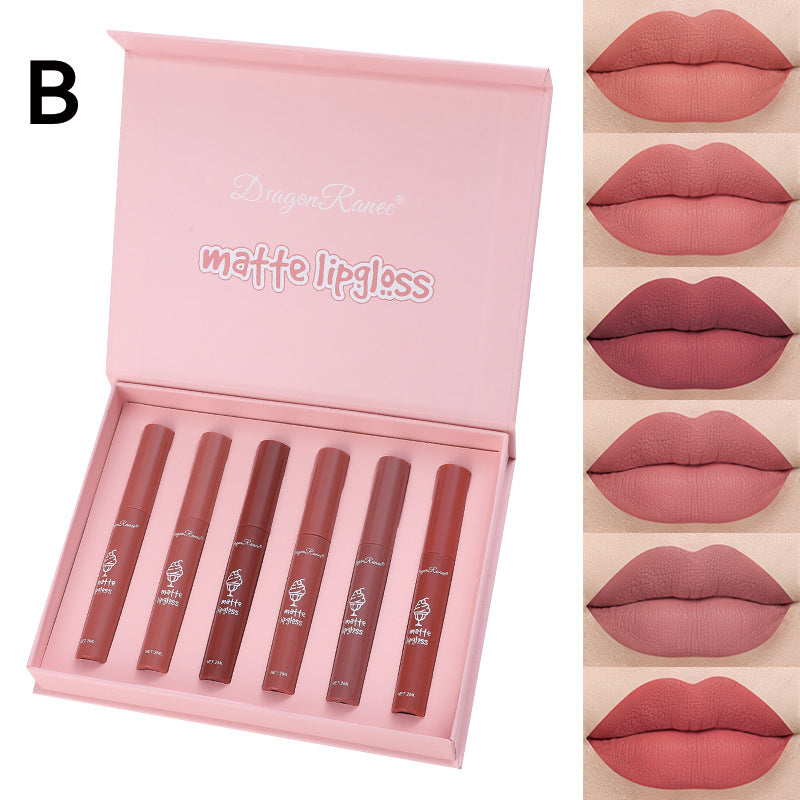 6 Pcs Long Lasting Waterproof Lip Glaze Lipstick 6 Sets Non Stick Cup Nude Skin Color Lip Gloss Cute Set Box