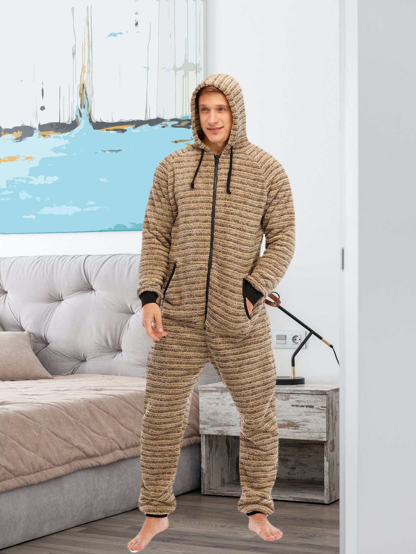 Men'S Heavy-Duty Full-Zip Hooded Onesie - Long Sleeve Winter Sleepwear, Thermal Insulated Lounge suit with Drawstring Hood, Loose Fit Onesie for Cold Weather, Christmas Costume & Everyday Indoor/Outdoor Use - Easy Zipper Clos