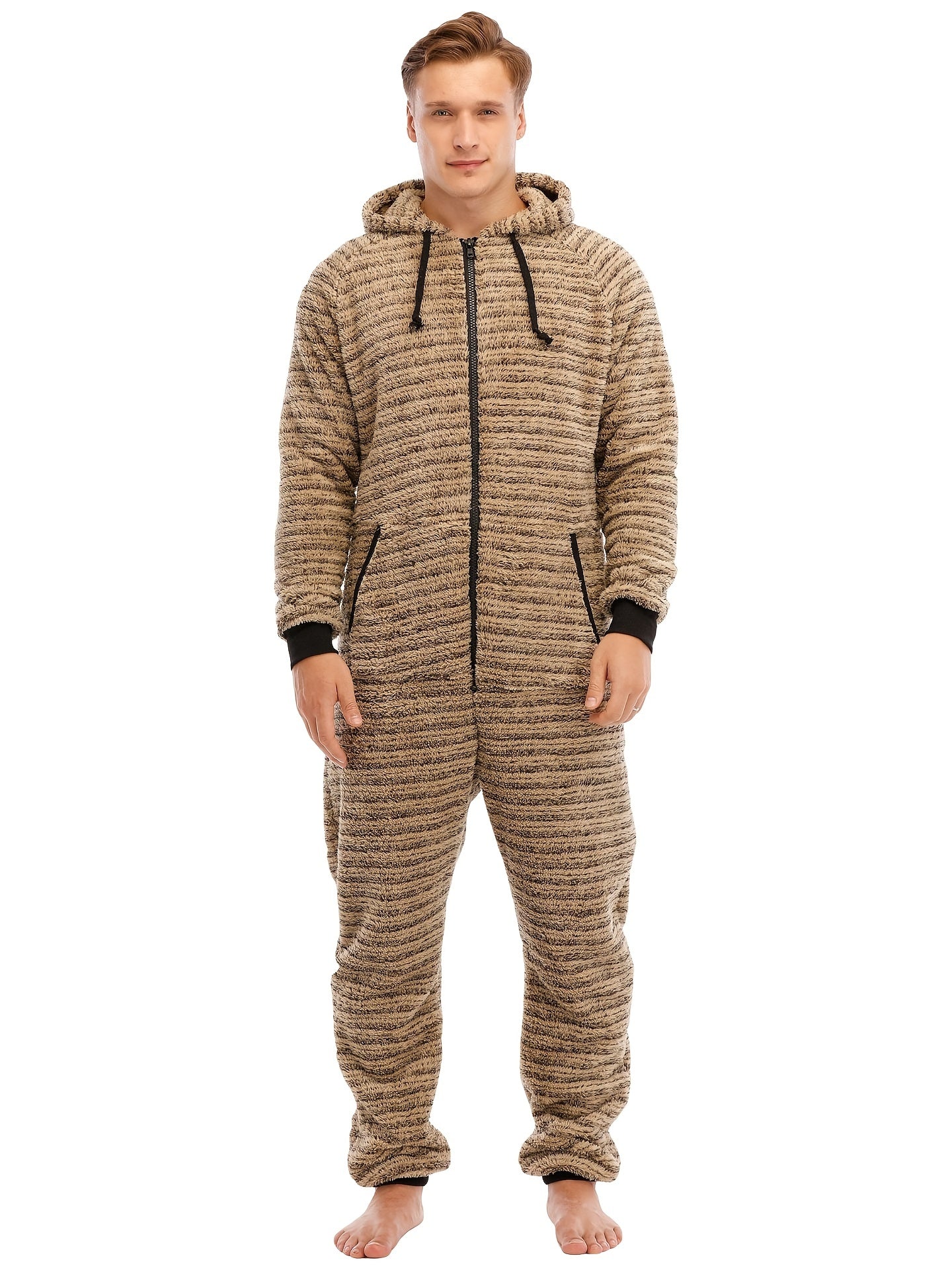 Men'S Heavy-Duty Full-Zip Hooded Onesie - Long Sleeve Winter Sleepwear, Thermal Insulated Lounge suit with Drawstring Hood, Loose Fit Onesie for Cold Weather, Christmas Costume & Everyday Indoor/Outdoor Use - Easy Zipper Clos
