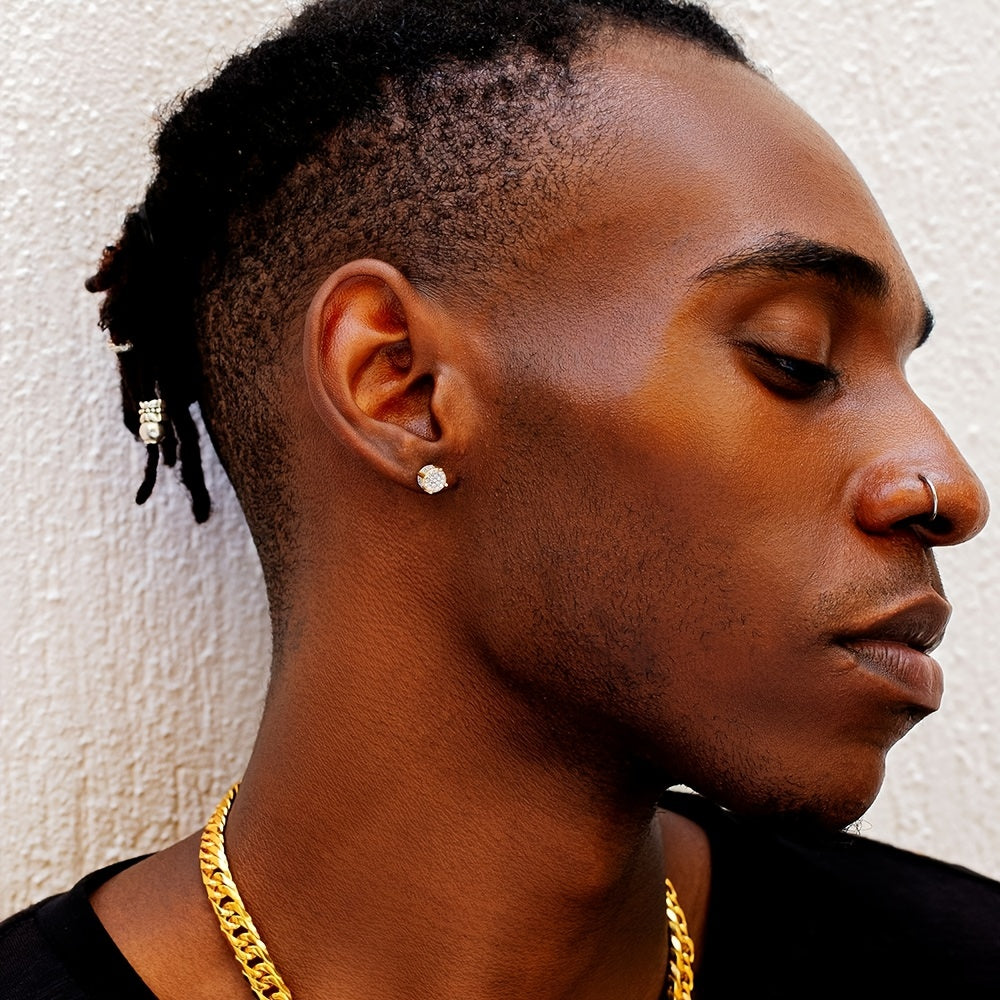 Set of 2 S925 Silvery Hip-Hop Men'S Earrings Featuring Synthetic Zirconia with Micro-Setting And Color Plating in a Round Design.