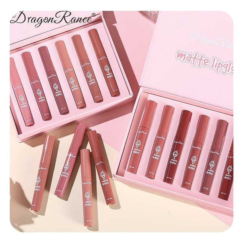 6 Pcs Long Lasting Waterproof Lip Glaze Lipstick 6 Sets Non Stick Cup Nude Skin Color Lip Gloss Cute Set Box