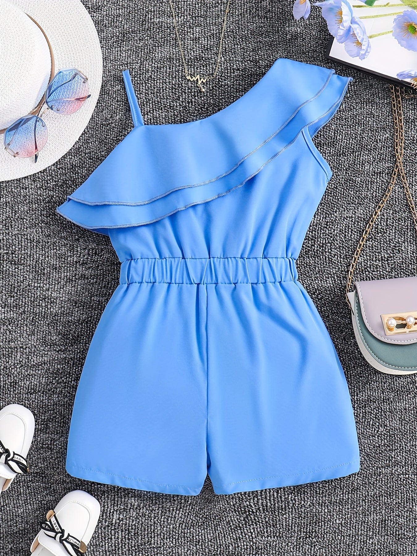 ' White Sleeveless A-Line Romper Jumpsuit - Summer Short Dress with Ruffle Trim &, Casual Playwear & Party Outfit, Easy-Care Hand Washable Short Sleeve Dress &, Perfect for Outdoor