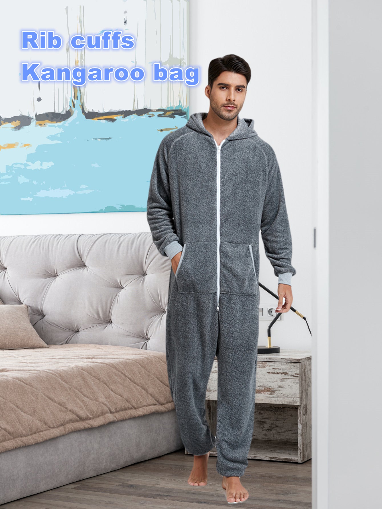 Men'S Heavy-Duty Full-Zip Hooded Onesie - Long Sleeve Winter Sleepwear, Thermal Insulated Lounge suit with Drawstring Hood, Loose Fit Onesie for Cold Weather, Christmas Costume & Everyday Indoor/Outdoor Use - Easy Zipper Clos