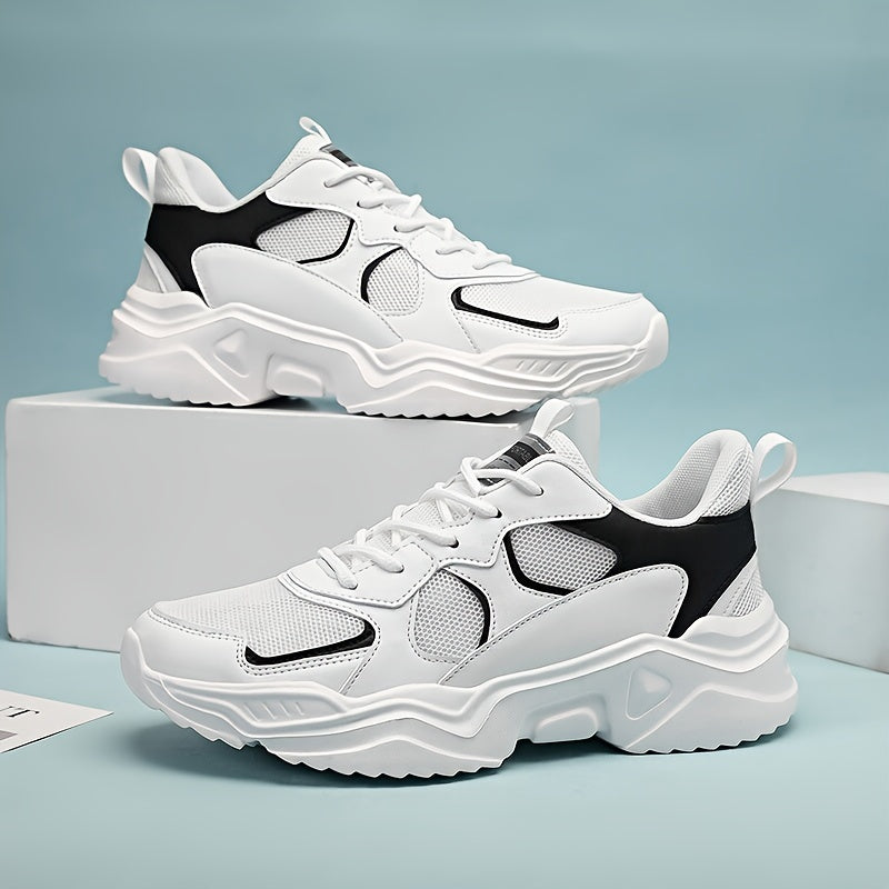 Men's Breathable Mesh Chunky Sneakers - White & Teal Casual Sneakers with EVA Sole, Lace-Up Design for All Seasons