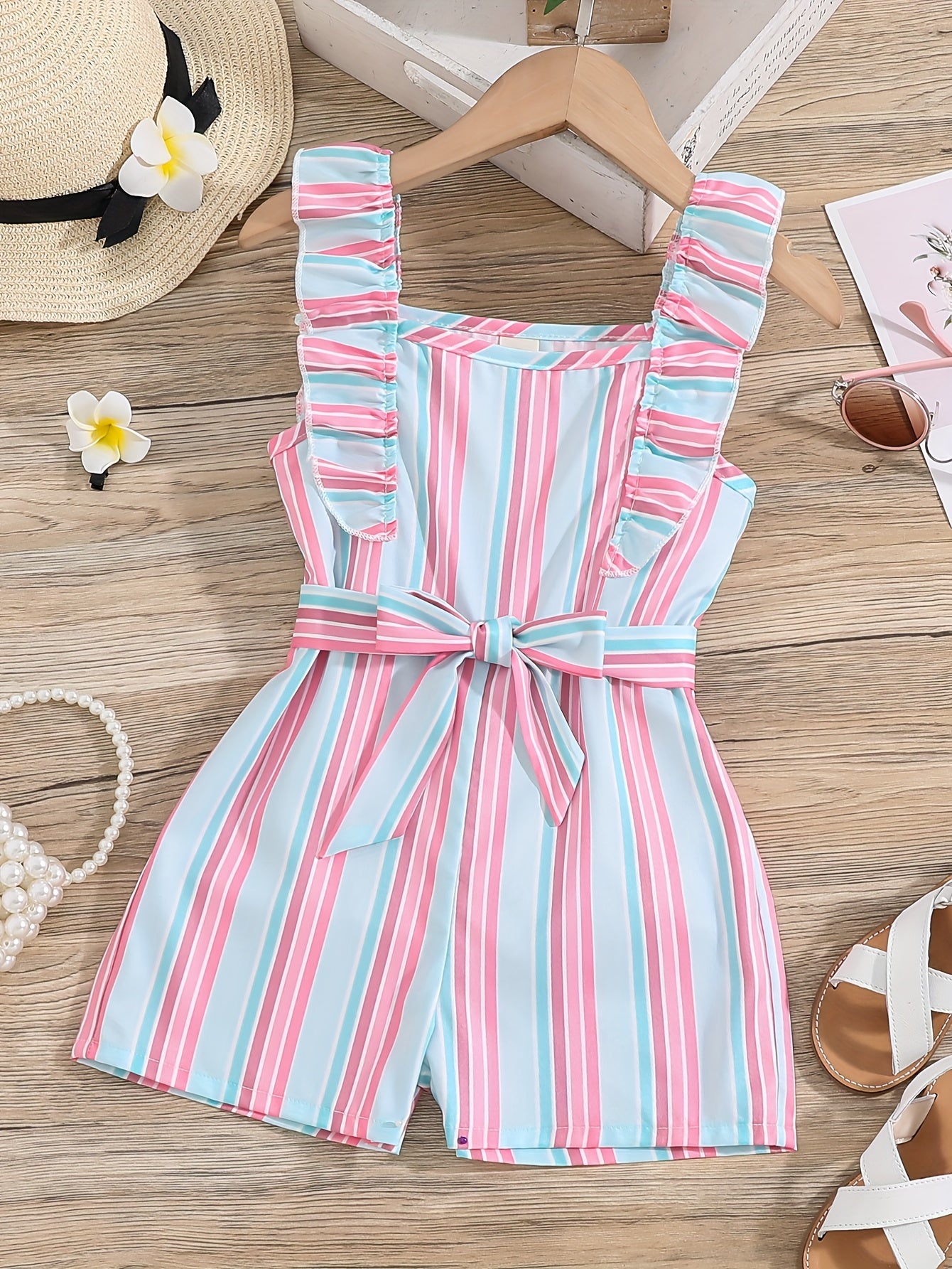 HWMFSNHFZ Girls' Sleeveless Striped Jumpsuit with Ruffled Hem & Adjustable Waist Belt - Light Blue, Pink, White Stripes, Square Neck, Summer Casual Outfit for Outdoor Play, Sleeveless Jumpsuit, Nonelastic Fabric