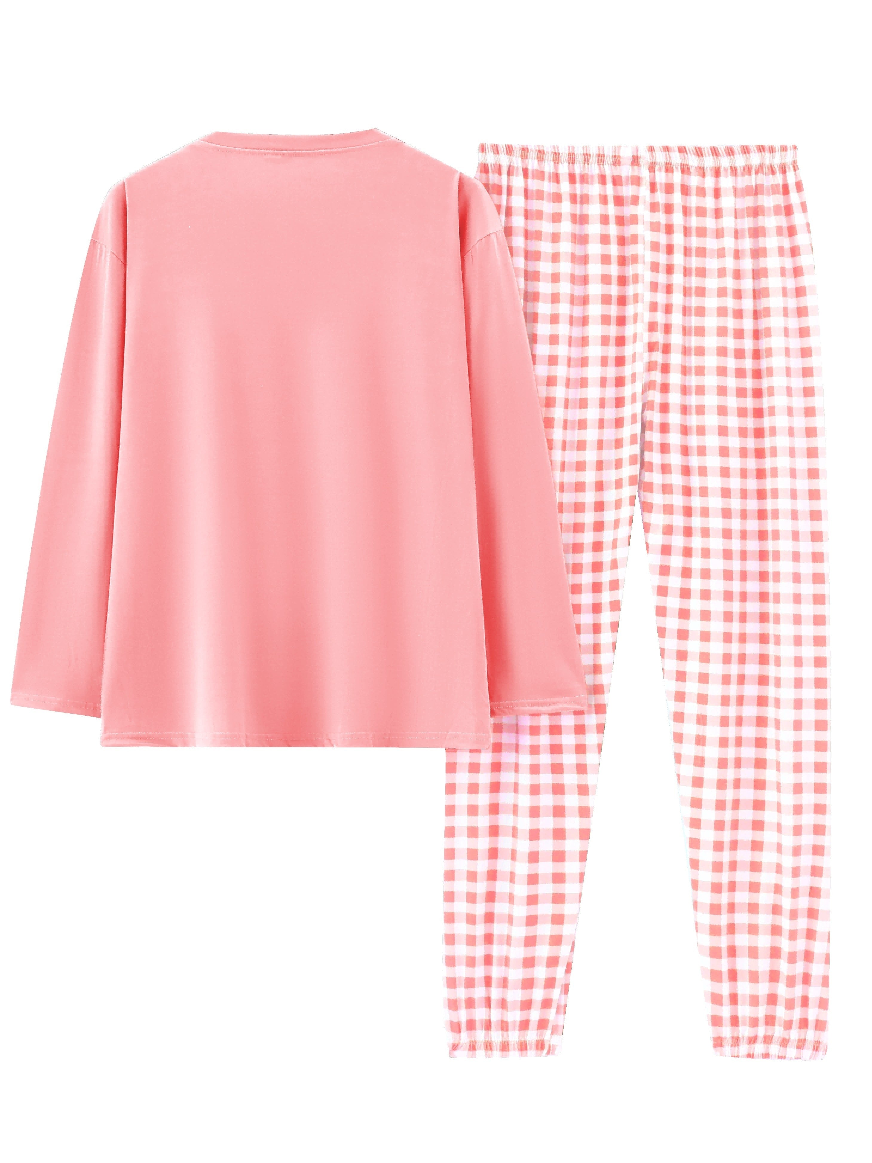 Women'S Plus Size Pink Plaid Pajama Set - Casual Long Sleeve and Pants Loungewear with Pockets, Stretchy Polyester Fabric, Perfect for Spring & Fall, Plus Size Loungewear | Checkered Pattern | Polyester Fabric, Loungewear Paj