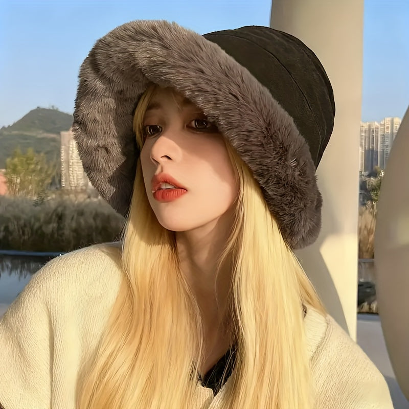 Winter Thermal Bucket Hat, Faux Fur Plush Thickened Ear Protection Fisherman Warmer Hat For Women Xmas Gift