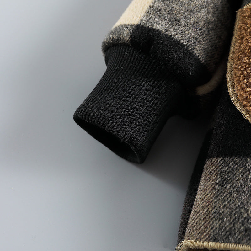 Boys' Long Sleeve Plaid Fleece-Lined Jacket with Button Front & Pockets - Cozy Fall/Winter Warmth, Casual Cardigan Collar, Brown/ Tartan Pattern, Machine Washable For Outdoor Play & Casual Attire, Winter Jacket For Boys, Fall