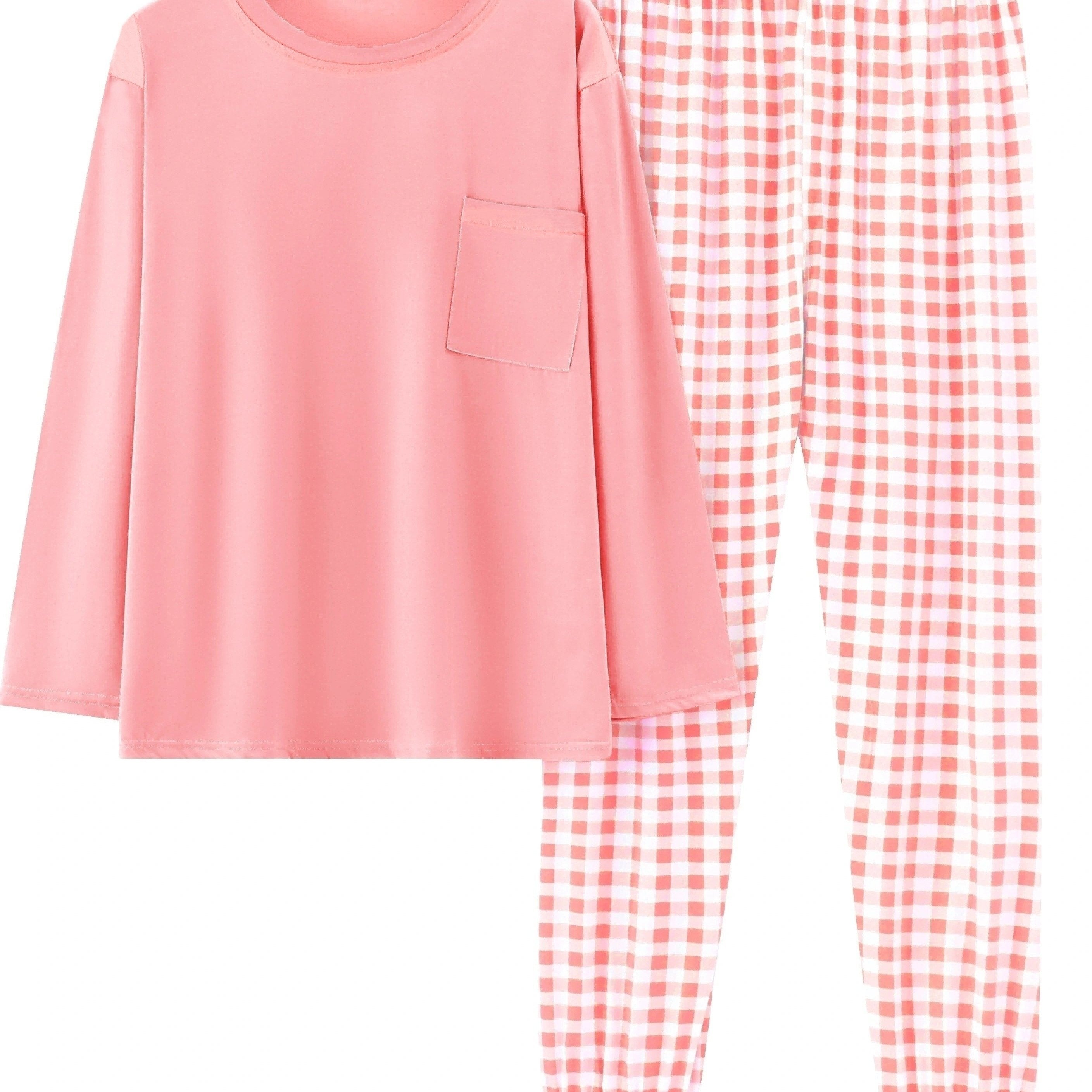 Women'S Plus Size Pink Plaid Pajama Set - Casual Long Sleeve and Pants Loungewear with Pockets, Stretchy Polyester Fabric, Perfect for Spring & Fall, Plus Size Loungewear | Checkered Pattern | Polyester Fabric, Loungewear Paj