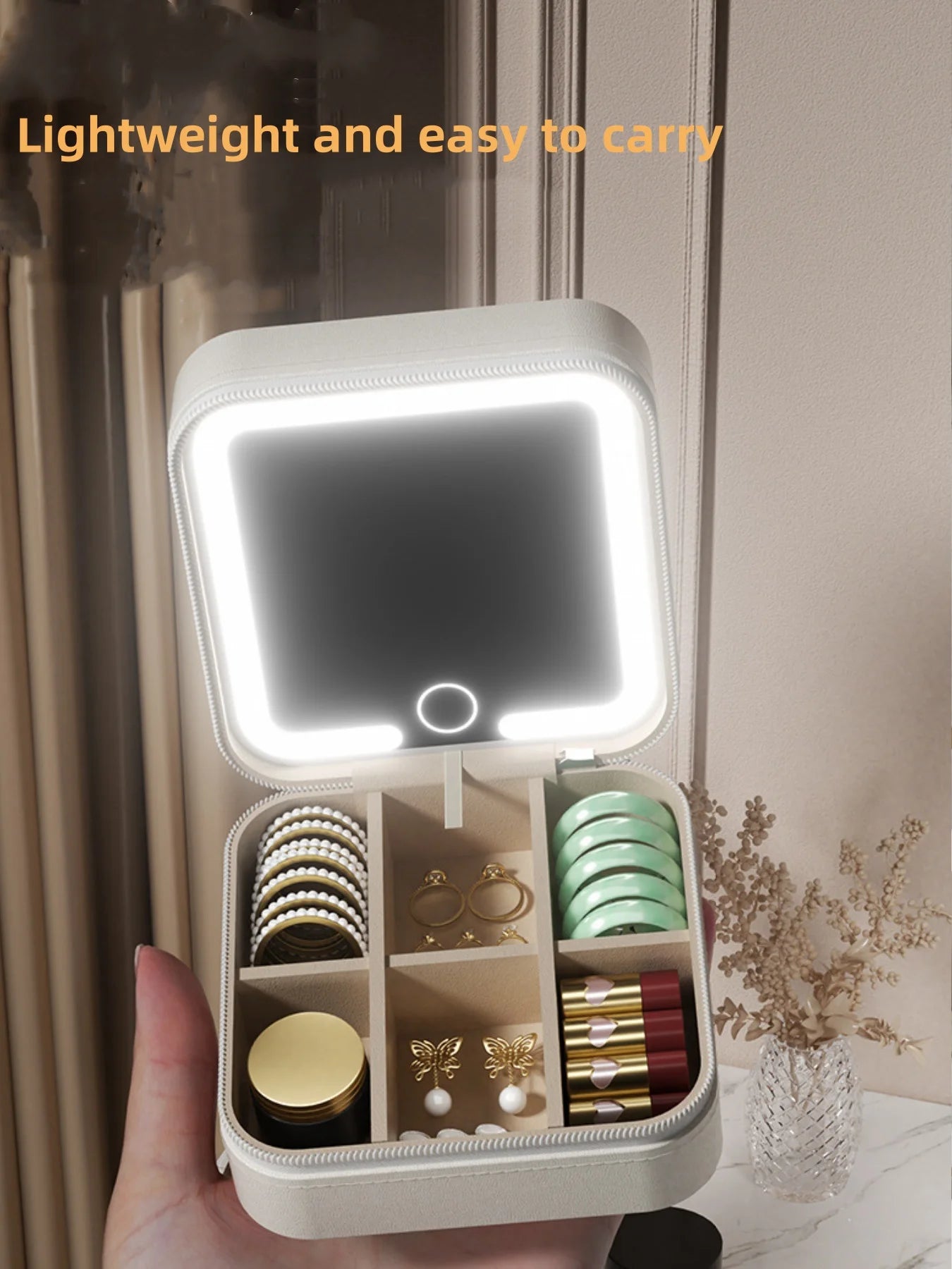 1 Stylish Women's Makeup Bag and Jewelry Box with Detachable Led Lights, Mini Cute Girly Jewelry Box, Suitable for Storing and Organizing Necklaces, Earrings, Rings, Wedding Favors, and a Great Gift for Valentine's Day to Giv