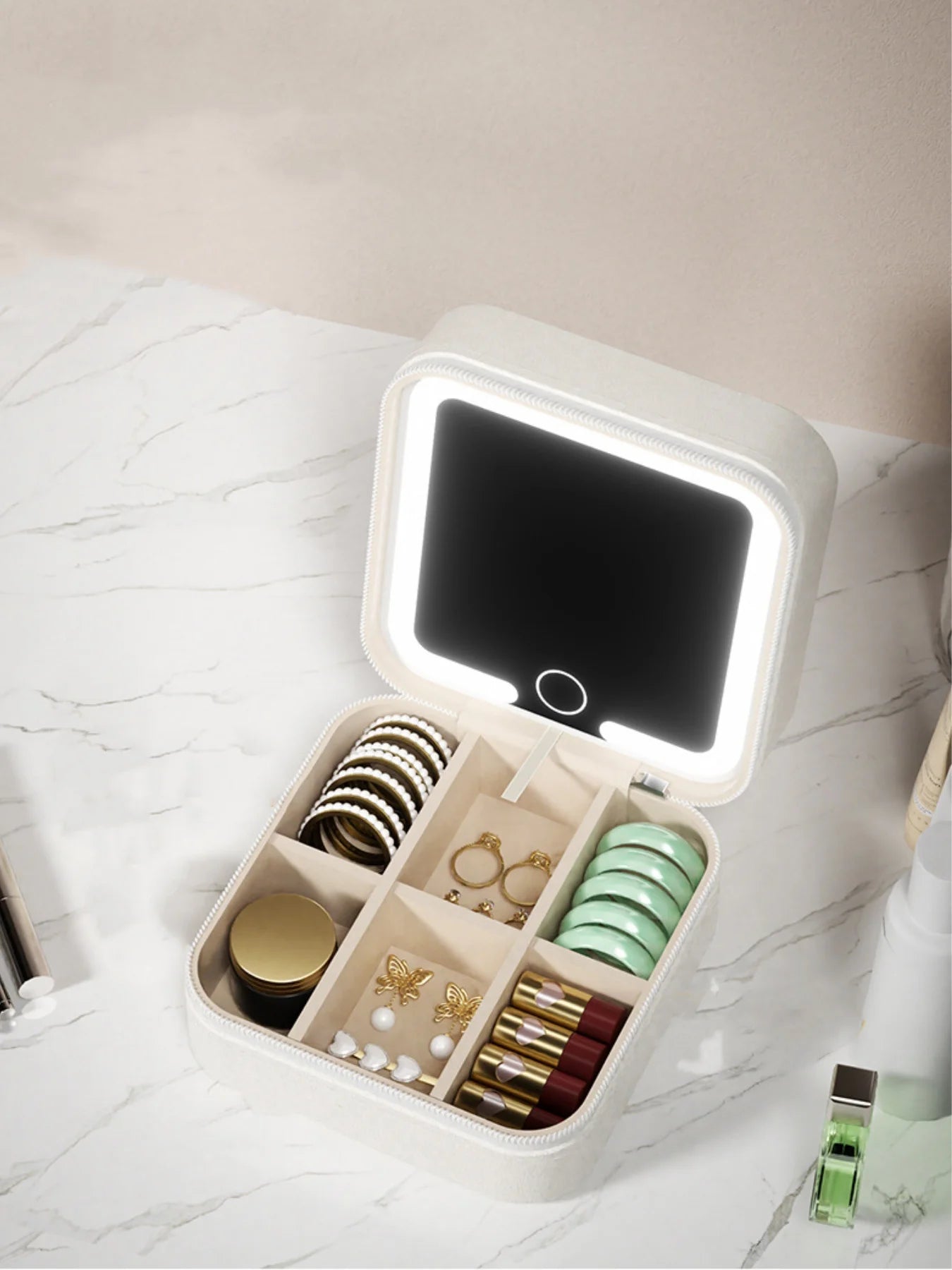 1 Stylish Women's Makeup Bag and Jewelry Box with Detachable Led Lights, Mini Cute Girly Jewelry Box, Suitable for Storing and Organizing Necklaces, Earrings, Rings, Wedding Favors, and a Great Gift for Valentine's Day to Giv