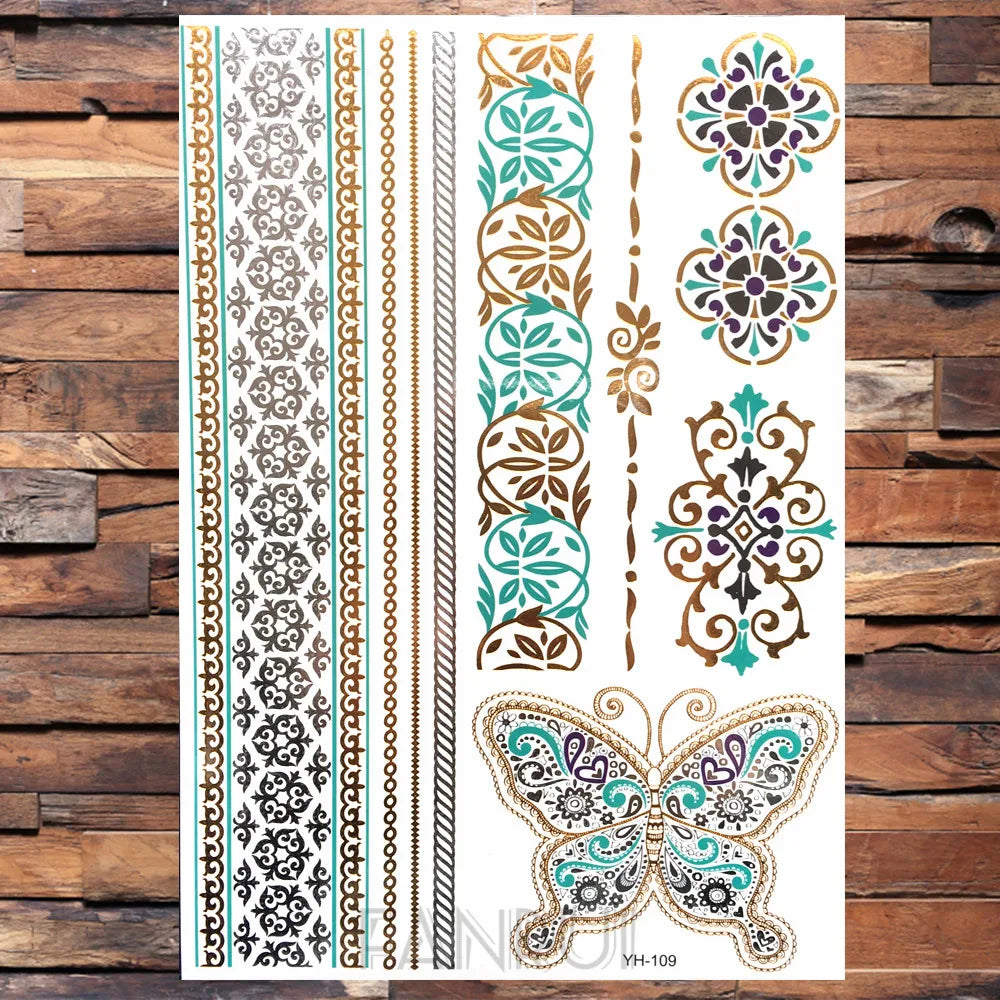 Sexy Sun Moon Star Temporary Tattoo Women Party Body Arm Art Fake Flash Tatoos Gold Metallic Tattoo Stickers Girl Bracelet Wrist