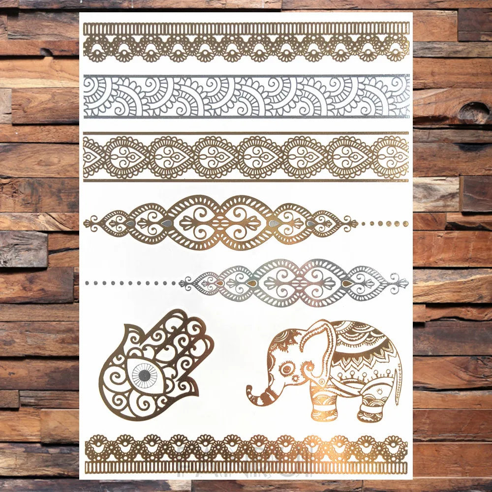 Sexy Sun Moon Star Temporary Tattoo Women Party Body Arm Art Fake Flash Tatoos Gold Metallic Tattoo Stickers Girl Bracelet Wrist