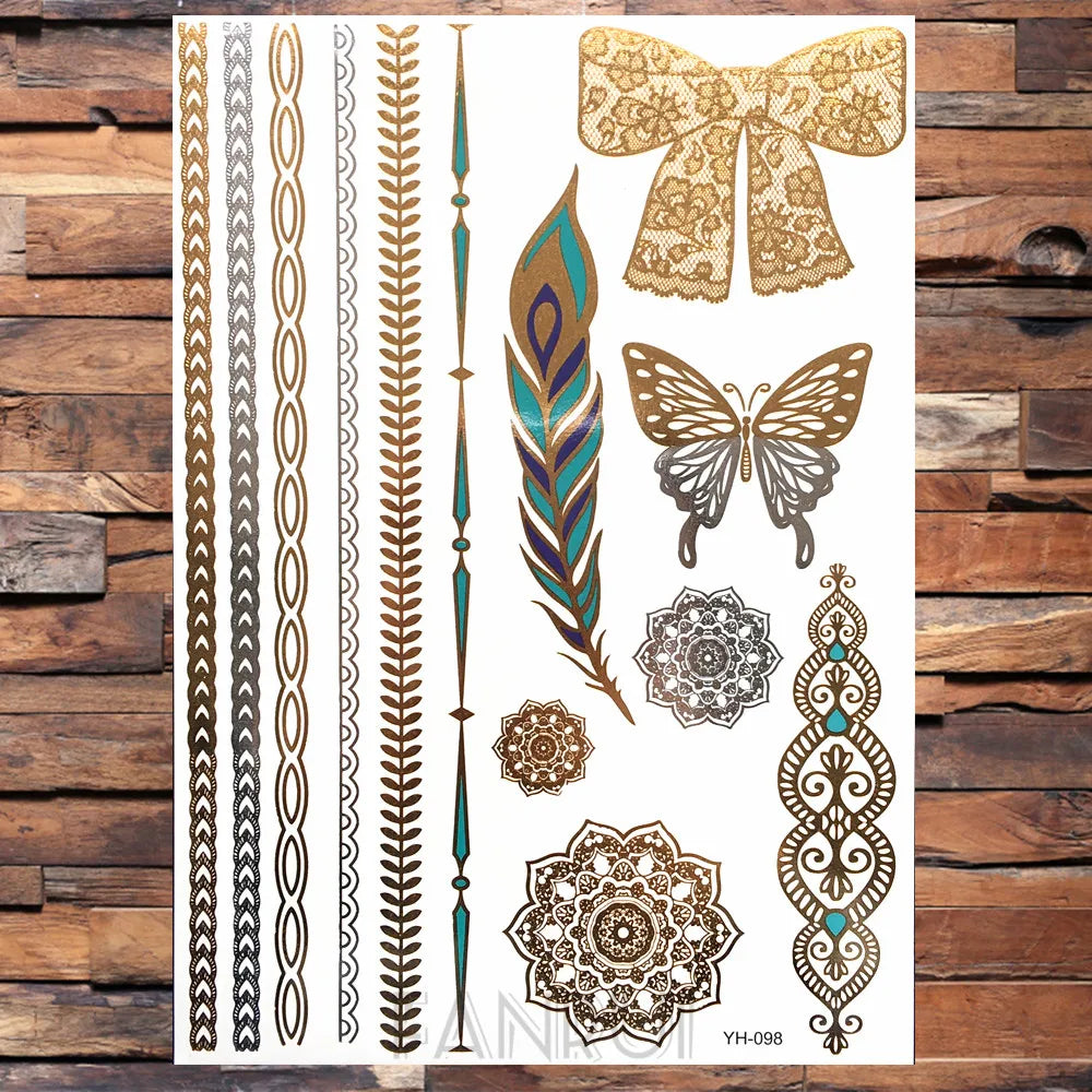 Sexy Sun Moon Star Temporary Tattoo Women Party Body Arm Art Fake Flash Tatoos Gold Metallic Tattoo Stickers Girl Bracelet Wrist