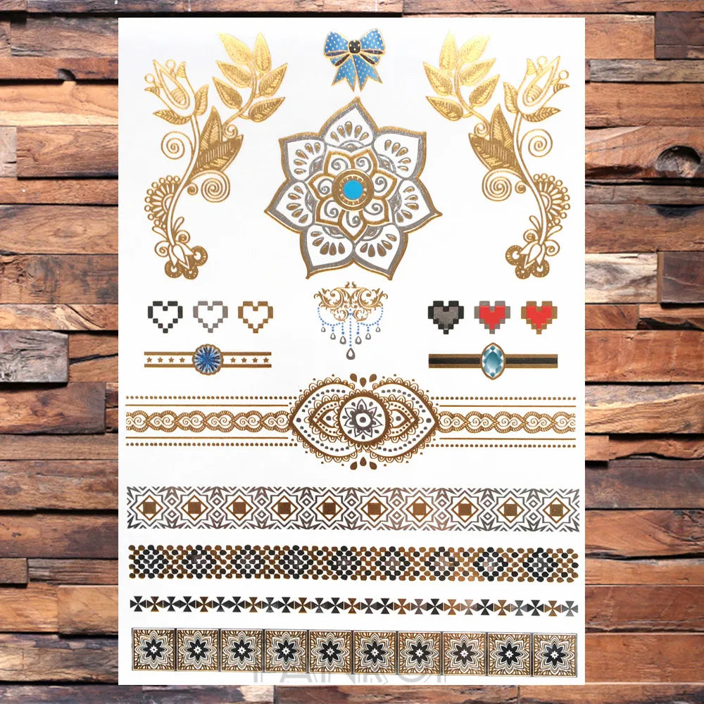 Sexy Sun Moon Star Temporary Tattoo Women Party Body Arm Art Fake Flash Tatoos Gold Metallic Tattoo Stickers Girl Bracelet Wrist