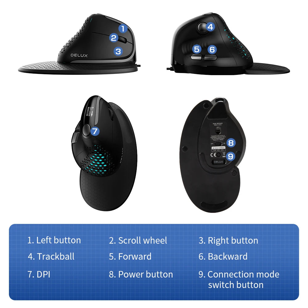 Delux Seeker M618XSD Ergonomic Vertical Mouse OLED Screen USB Wireless+BT 5.0 Rechargeable 1000hz Berichtsrate For PC Laptop