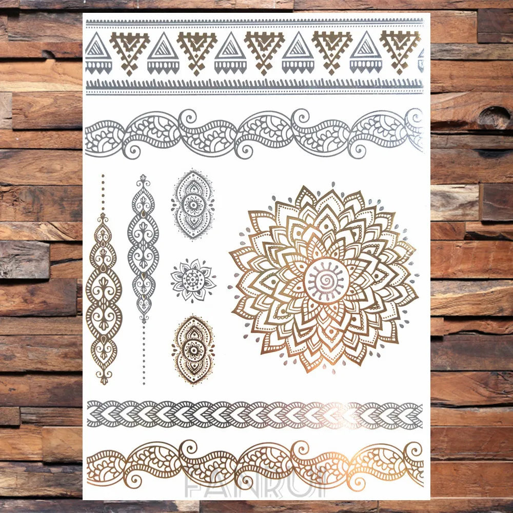 Sexy Sun Moon Star Temporary Tattoo Women Party Body Arm Art Fake Flash Tatoos Gold Metallic Tattoo Stickers Girl Bracelet Wrist