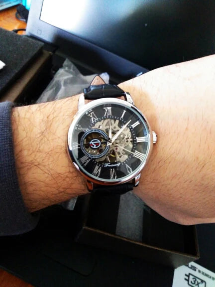 Forsining 3d Logo Design Hollow Engraving Black Golden Case Leather Skeleton Mechanical Watches Men Luxury Brand Heren Horloge