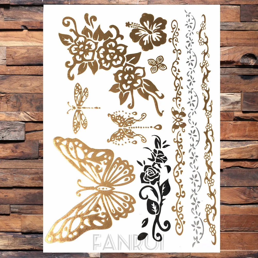 Sexy Sun Moon Star Temporary Tattoo Women Party Body Arm Art Fake Flash Tatoos Gold Metallic Tattoo Stickers Girl Bracelet Wrist