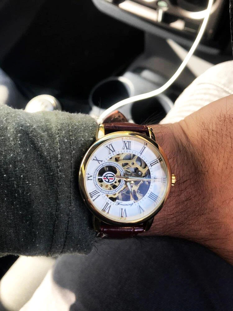 Forsining 3d Logo Design Hollow Engraving Black Golden Case Leather Skeleton Mechanical Watches Men Luxury Brand Heren Horloge