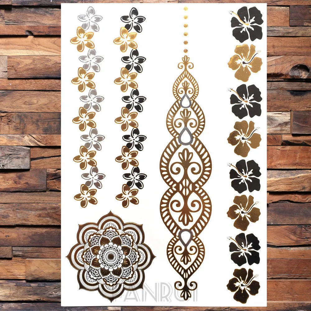 Sexy Sun Moon Star Temporary Tattoo Women Party Body Arm Art Fake Flash Tatoos Gold Metallic Tattoo Stickers Girl Bracelet Wrist