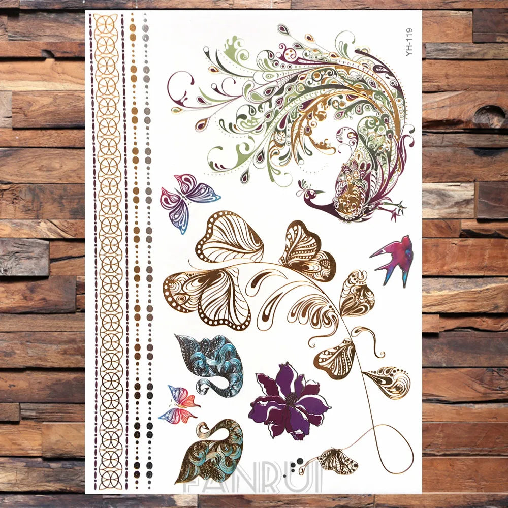 Sexy Sun Moon Star Temporary Tattoo Women Party Body Arm Art Fake Flash Tatoos Gold Metallic Tattoo Stickers Girl Bracelet Wrist