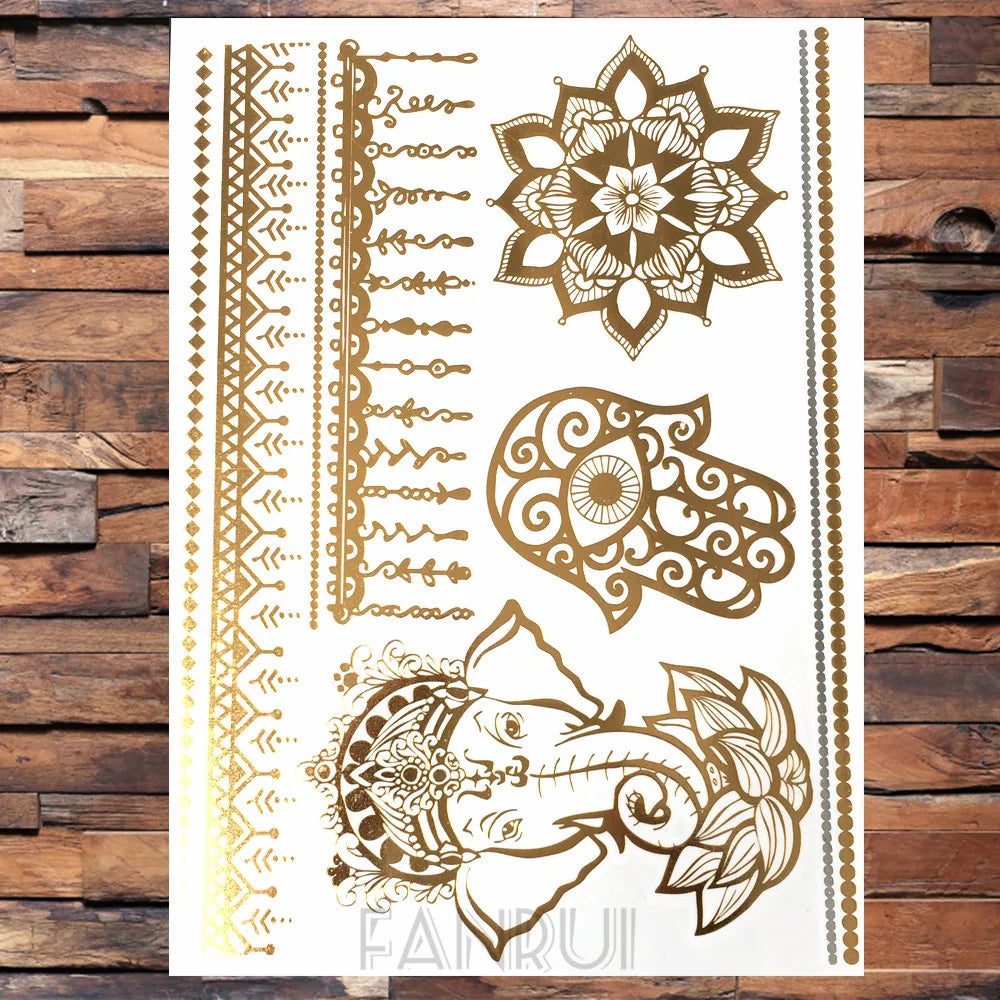 Sexy Sun Moon Star Temporary Tattoo Women Party Body Arm Art Fake Flash Tatoos Gold Metallic Tattoo Stickers Girl Bracelet Wrist