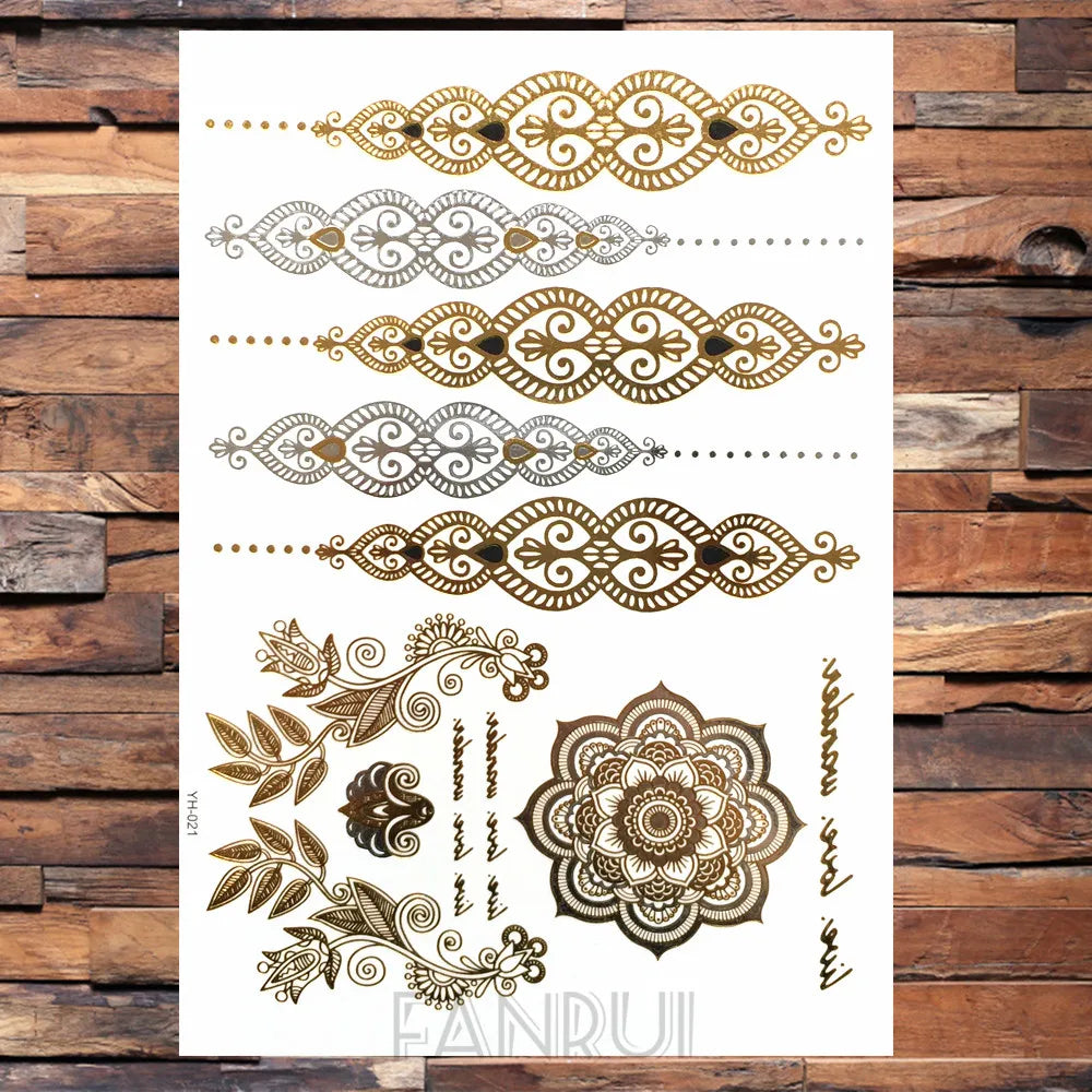 Sexy Sun Moon Star Temporary Tattoo Women Party Body Arm Art Fake Flash Tatoos Gold Metallic Tattoo Stickers Girl Bracelet Wrist