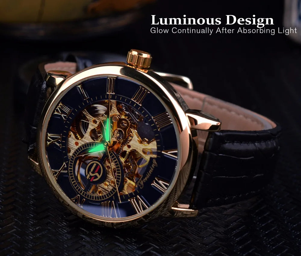 Forsining 3d Logo Design Hollow Engraving Black Golden Case Leather Skeleton Mechanical Watches Men Luxury Brand Heren Horloge