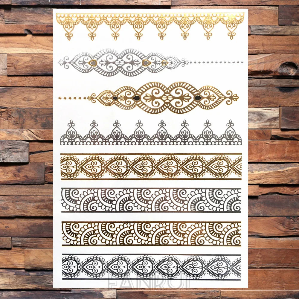 Sexy Sun Moon Star Temporary Tattoo Women Party Body Arm Art Fake Flash Tatoos Gold Metallic Tattoo Stickers Girl Bracelet Wrist