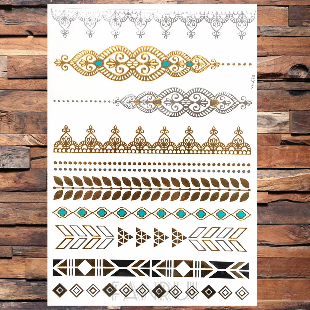 Sexy Sun Moon Star Temporary Tattoo Women Party Body Arm Art Fake Flash Tatoos Gold Metallic Tattoo Stickers Girl Bracelet Wrist