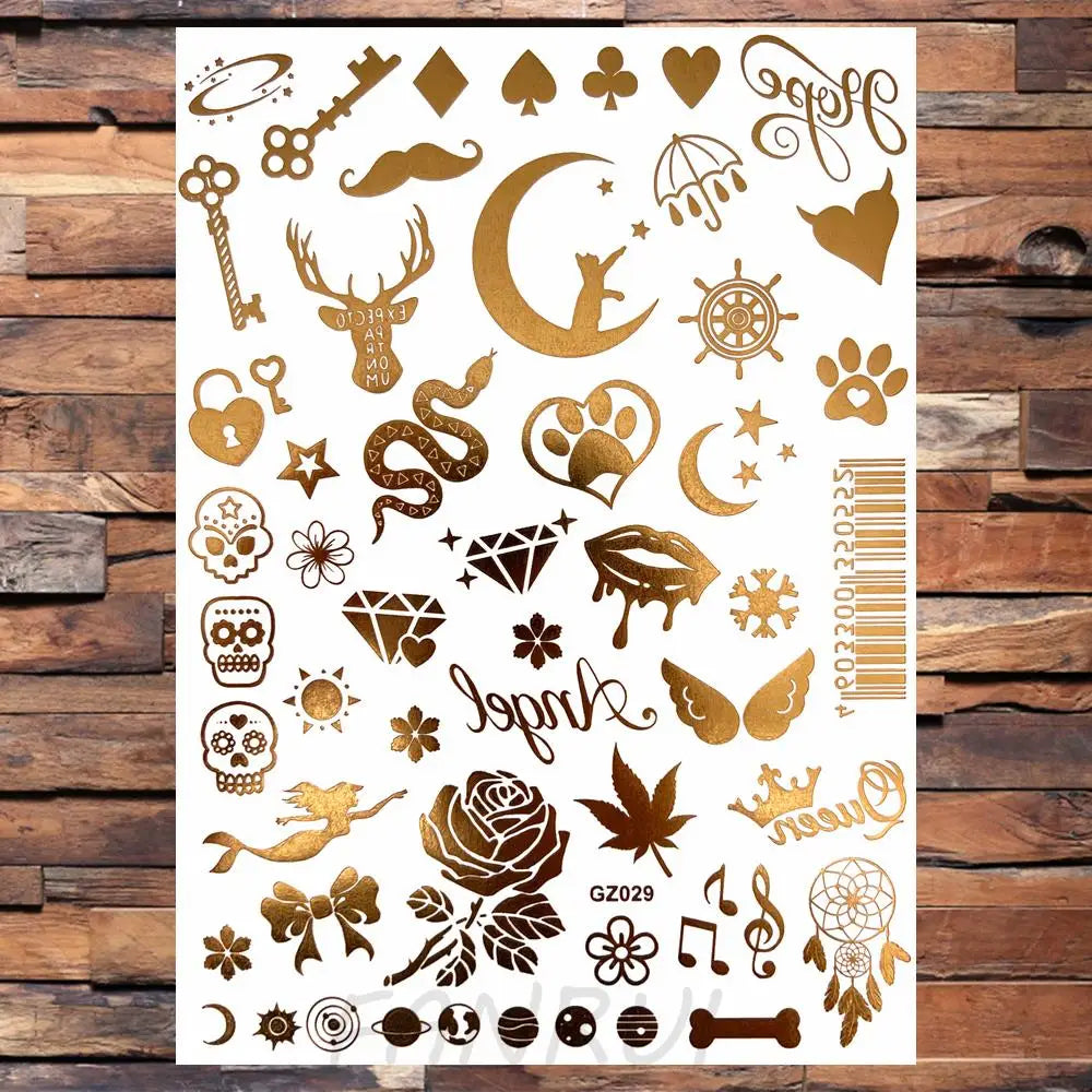 Sexy Sun Moon Star Temporary Tattoo Women Party Body Arm Art Fake Flash Tatoos Gold Metallic Tattoo Stickers Girl Bracelet Wrist