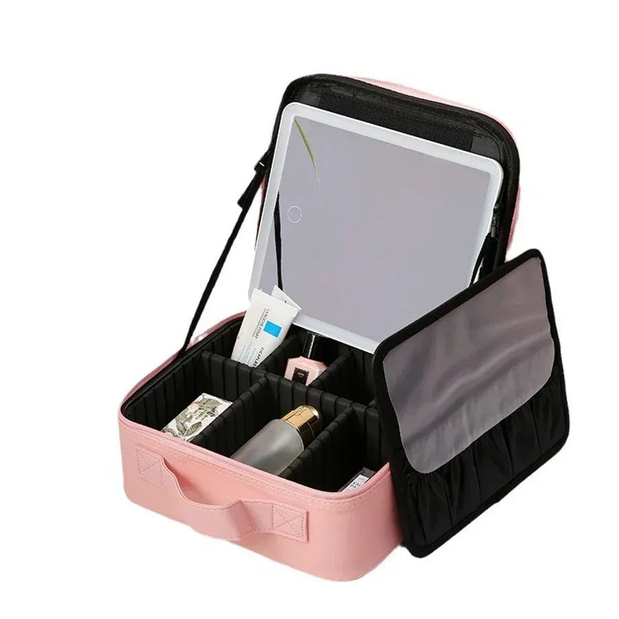 New LED Lighted Cosmetic Case With Mirror PU Leather Portable Travel Makeup Storage Bags Waterproof Travel Makeup Bag