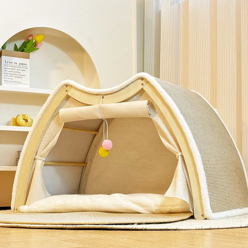 Warmth Enclosed Wooden Scratching Board Large Villa Sle House for All Seasons Indoor Pet elter Tent Dog Bed