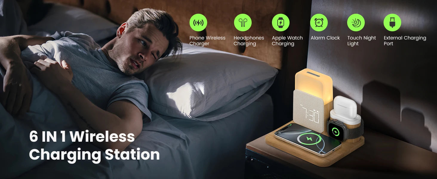 7-in-1 MagSafe Alarm Clock Charger-Wireless Station for iPhone 12-16/Samsung/Xiaomi/Huawei/Apple Watch/AirPods with Night Light