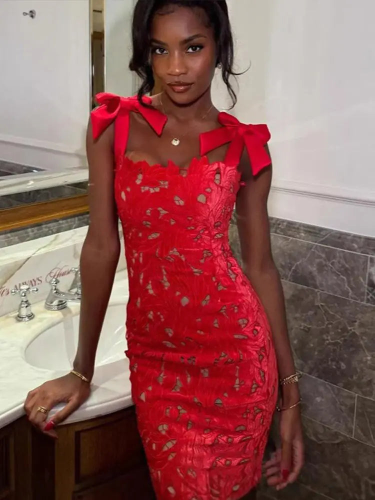 Lace Crochet Bow Slip Dress Hollow Out Slim Fit Club Party Gown Robes Sexy Backless Women Vacation Beach Suspender Long Dresses