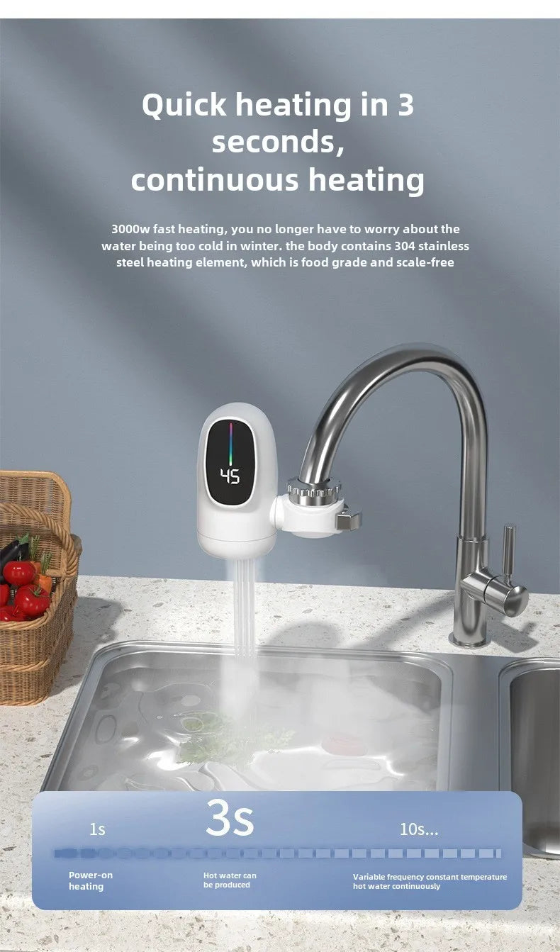 3000W Instant Hot Water Heater Faucet Electric Tankless for Kitchen Fast Heating Tap with Temperature Display