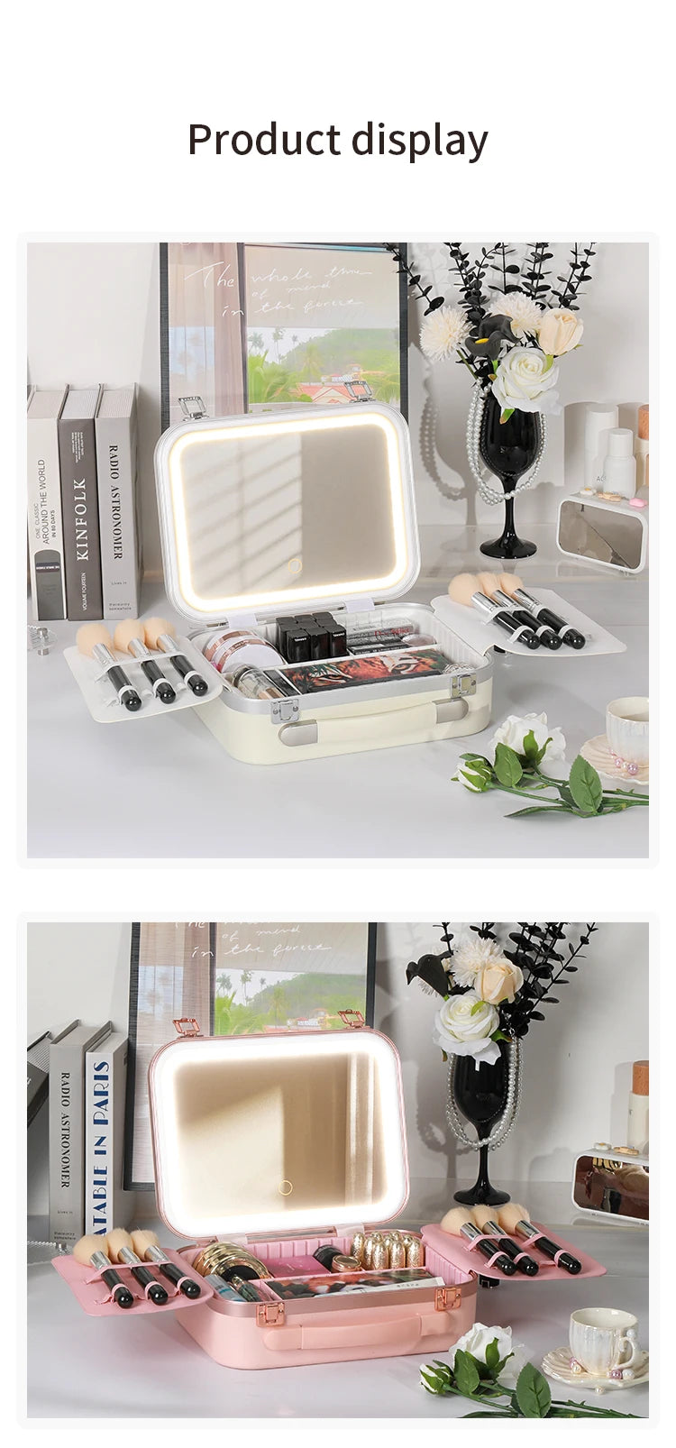 Portable Makeup Organizer Box with LED Light & Mirror – Travel-Friendly Cosmetic Train Case for Brushes box