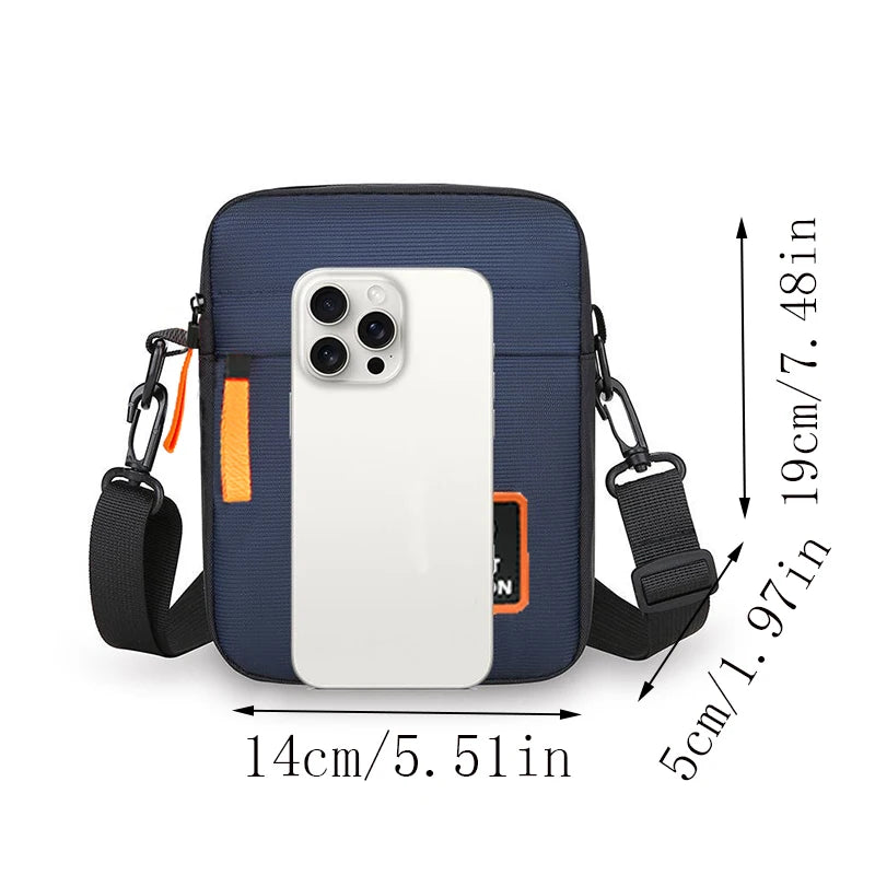 Men's single-shoulder cross-body bag with multi-layer zippers, trendy color contrast, and casual messenger style bag