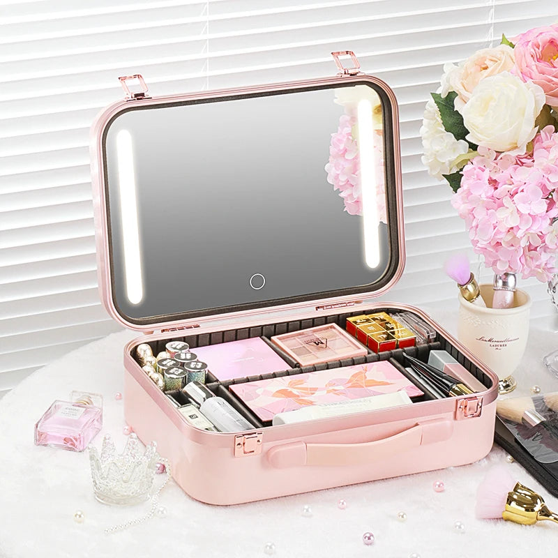 Lighted Makeup Case with Mirror - Portable Travel Makeup Organizer with LED Mirror, 3 Light Settings, Rechargeable Makeup Bag w