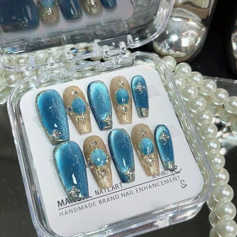 10Pcs Handmade Press on Nails Long Ballet Blue Fake Nails with 3D Ocean Moon Rhinestone Design False Nails Full Cover Nail Tips