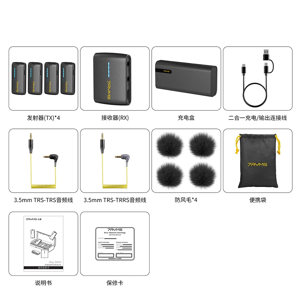 7Ryms iRay DW40 Wireless Lavalier Microphone with 4 Transmitters,48kHz/24bit Recording,AI Denoise for Camera,SmartPhone and PC